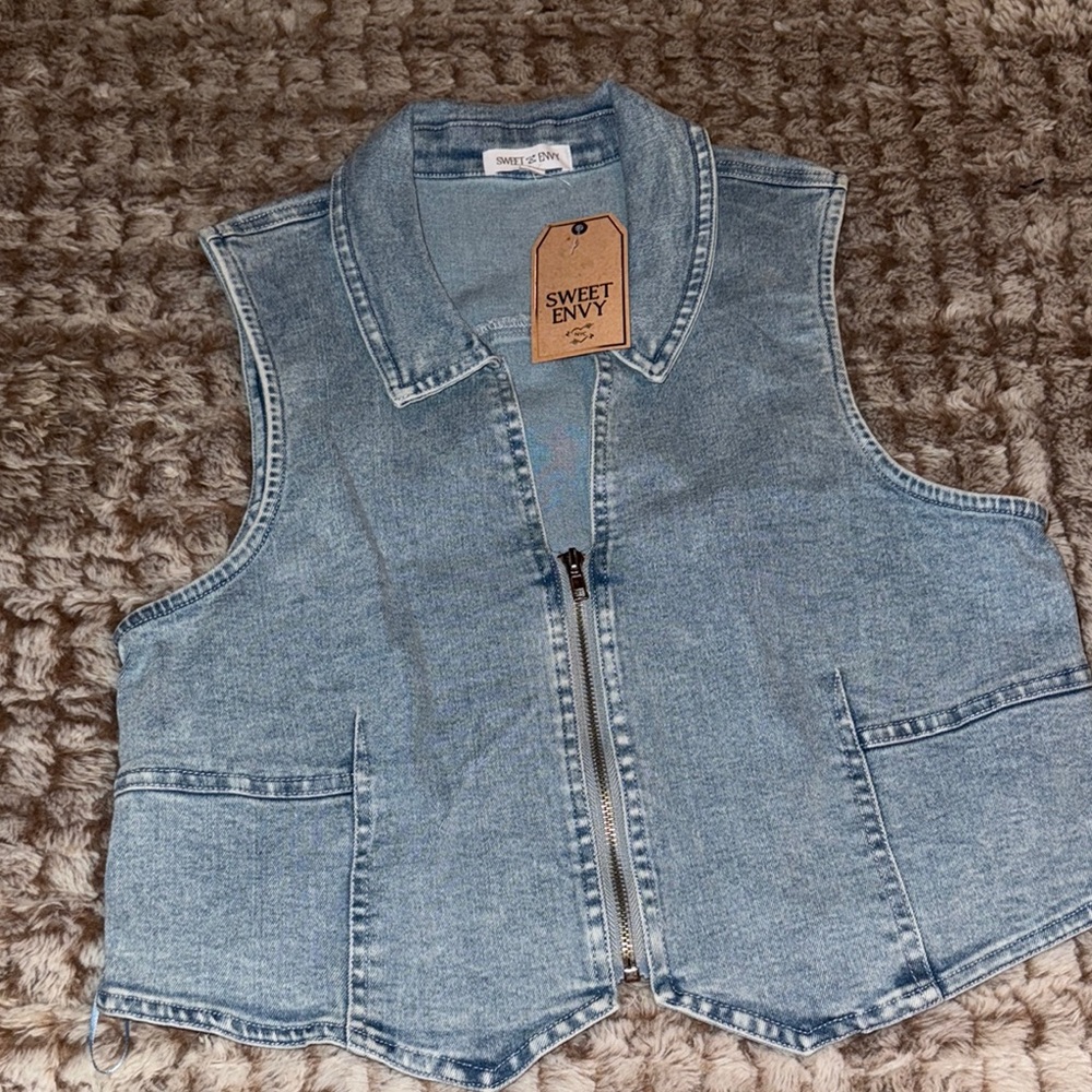 Blue Denim Zip Up Crop Top Vest NWT